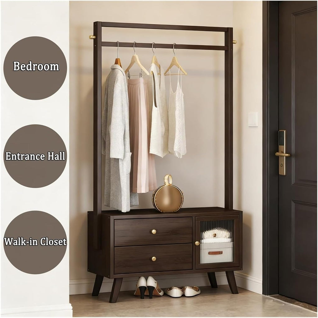 Multi-Functional Bamboo Hanging Rack with 2-Tier Drawers and Acrylic Door - Heavy Duty Clothes Organizer for Home Entryway, Bedroom, and Living Room(87cm)