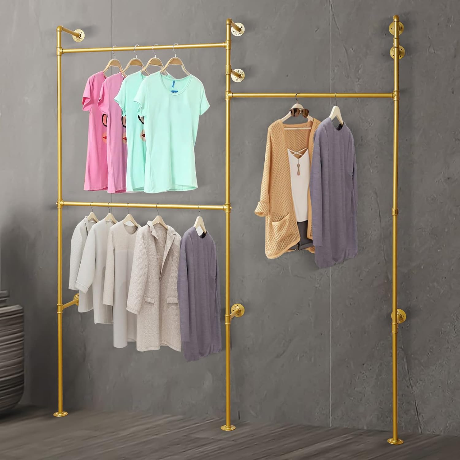 Wall Mounted Clothes Rack, Portable Vintage Rolling Coat Rack Heavy Duty Iron Pipe Garment Hanger Rustic Metal Garment Frame Industrial Pipe Clothing Display Rack for Living Room Bedroom (Gold)