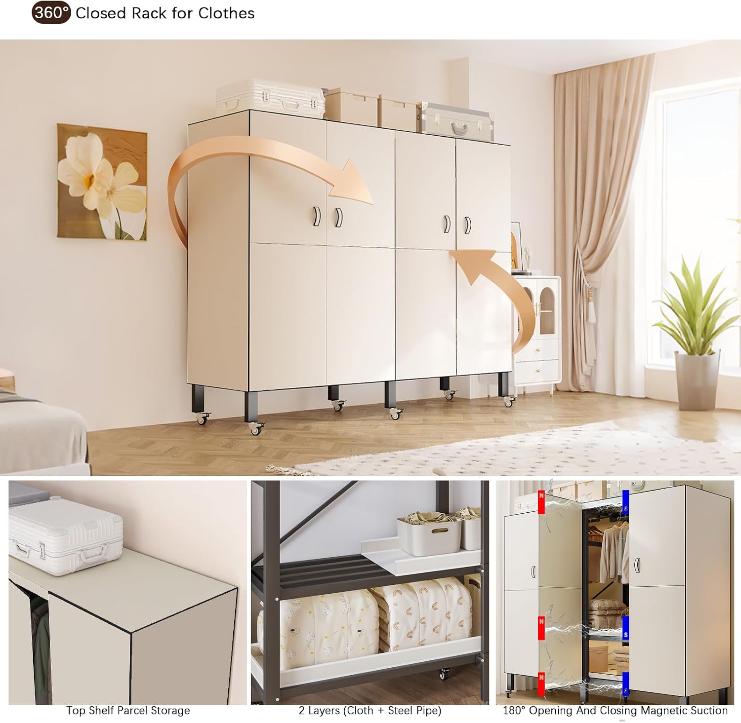 Foldable Portable Armoire Wardrobe Closet for Hanging Clothes Rack, Heavy Duty Covered Clothes Rack with Cover(HARDBOARD Magnetic), Closet Garment Rack for Bedroom Storage (KT Off-white, 70.86in)