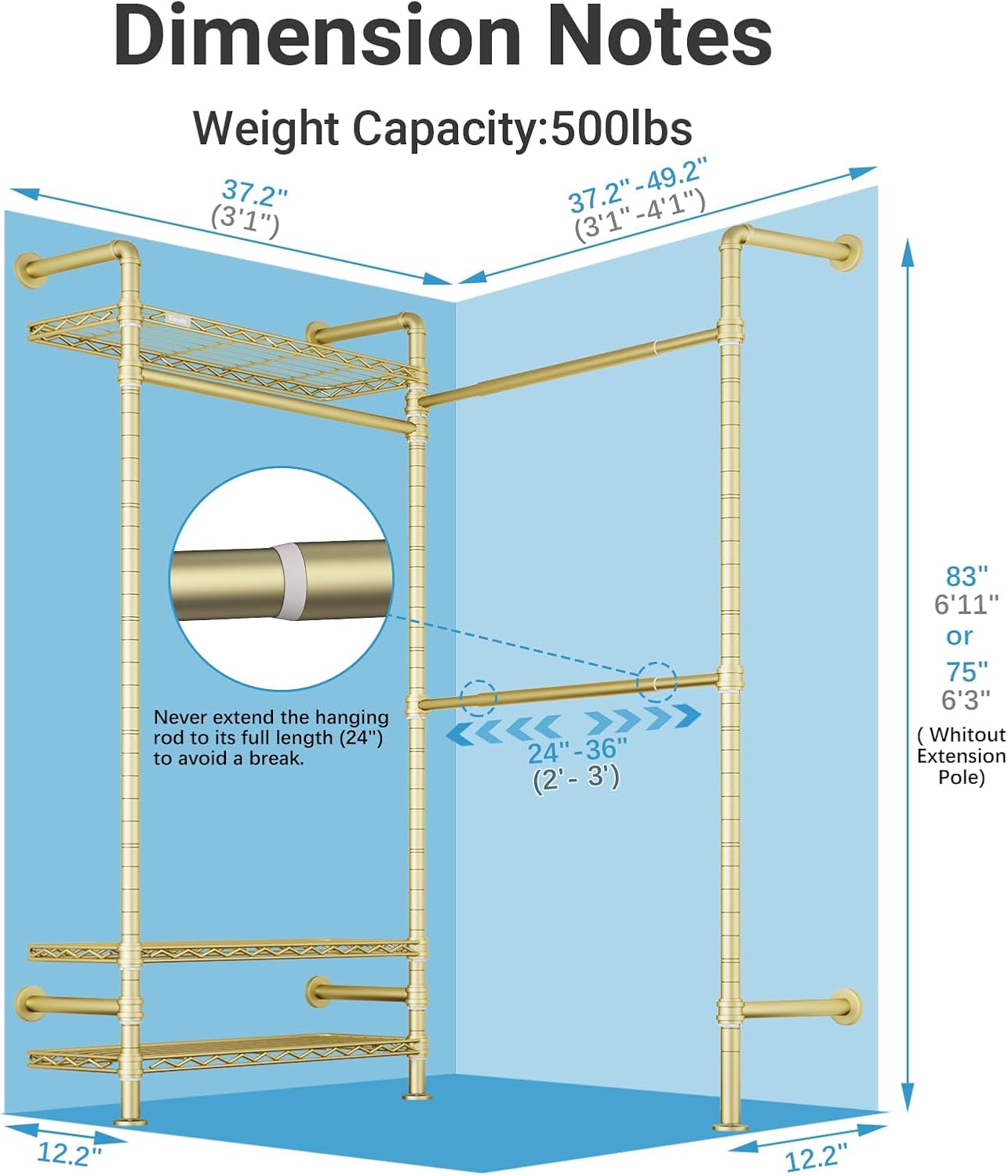 Timate L2 Wall Mounted Clothes Rack Industrial Pipe Clothing Rack for Hanging Clothes, Adjustable Expandable Garment Rack Heavy Duty Closet Organizer, Gold Mounted Closets Industrial Closet System