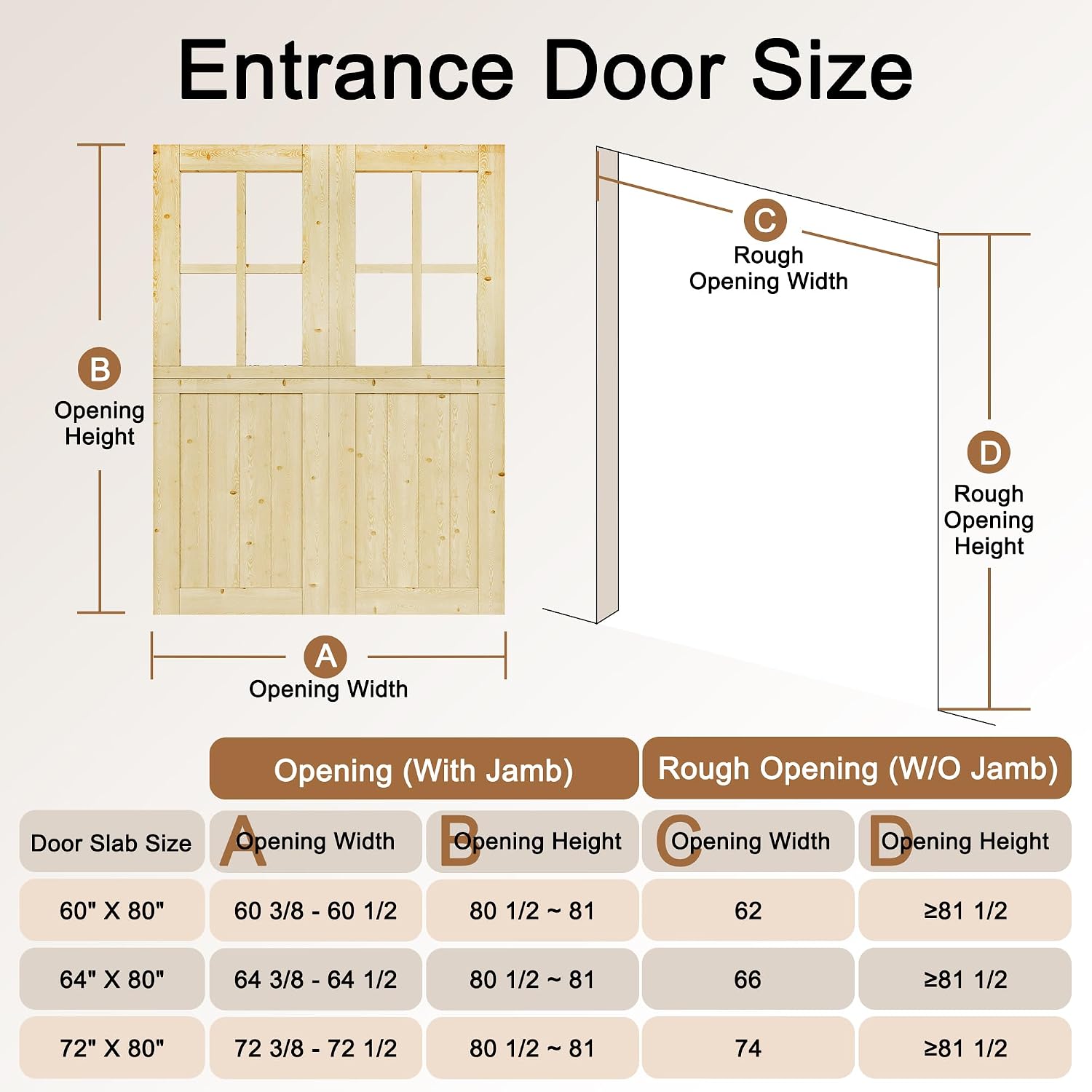 Interior & Exterior Double Dutch Door Slab, 60' x 80', Universal 4 Lite Tempered Clear Glass Split Single Door, Solid Core Home Door, Natural Pine Wood - with 4 Hinges & 1 Latch, Without Jamb
