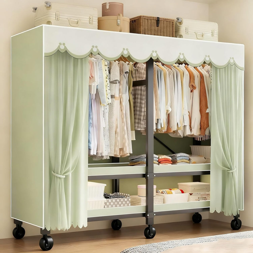 Foldable Heavy Duty Wardrobe Closet, Rolling Covered Portable, Metal Garment Rack for Hanging Clothes,for Bedroom