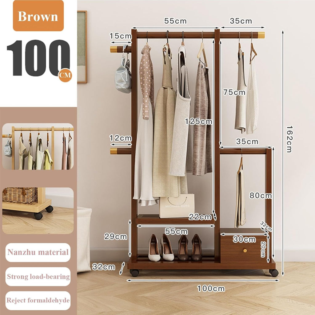 Clothes Organizer Stand On Wheels,entryway Coat Rack With Storage,Garment Racks For Hanging Clothes,bamboo Rolling Garment Rack,Multifunction Entry-way Coat Racks Stand For Bedroom Entryway(Color:Brow