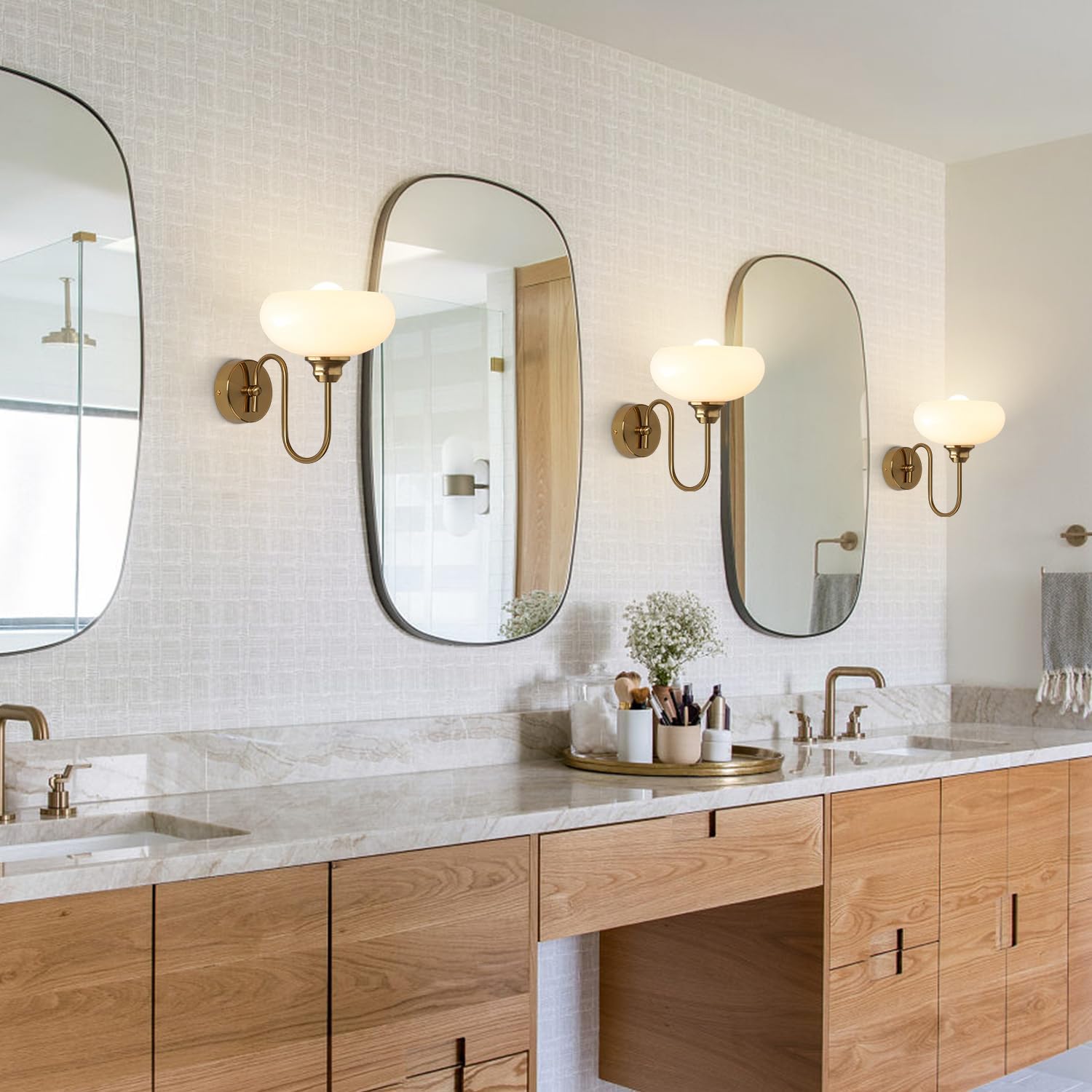 KCO Lighting Brushed Gold Wall Sconces Set of Two Milk Glass Wall Sconce Mid Century Modern Wall Sconce Frosted Globe Vanity Light Bathroom Sconces Wall Lighting Set of 2