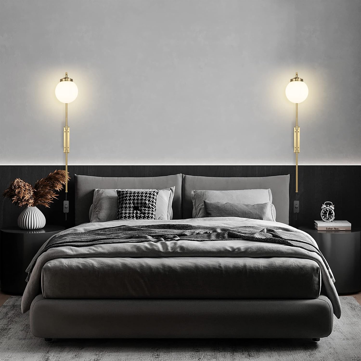 ELEHINSER Gold Wall Sconces Set of 2 with Globe Shade, Modern Indoor Plug in Wall Lamps with Switch, Angle Adjustable Light for Bedroom Living Room Study Hallway Bedside