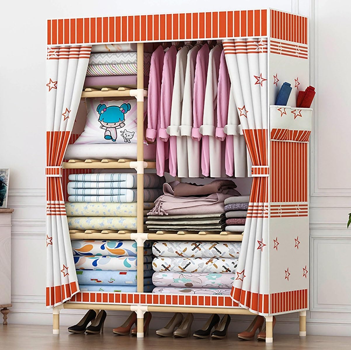 Bamboo Garment Rack With 6 Storage Shelves And Rod For Hanging Clothes Freestanding Wardrobe Closet For Bedroom And Living Room (Color : Orange, Size : 100x45x170cm)