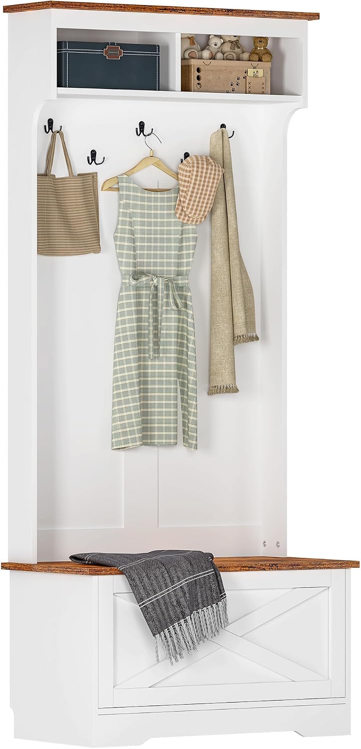 CHANCEE Hall Tree with Bench and Storage, Vintage White Coat Rack with 5 Hooks, 2 Shelves, Cabinet, Space-Saving Entryway Wardrobe Organizer for Bedroom, Hallway, or Mudroom