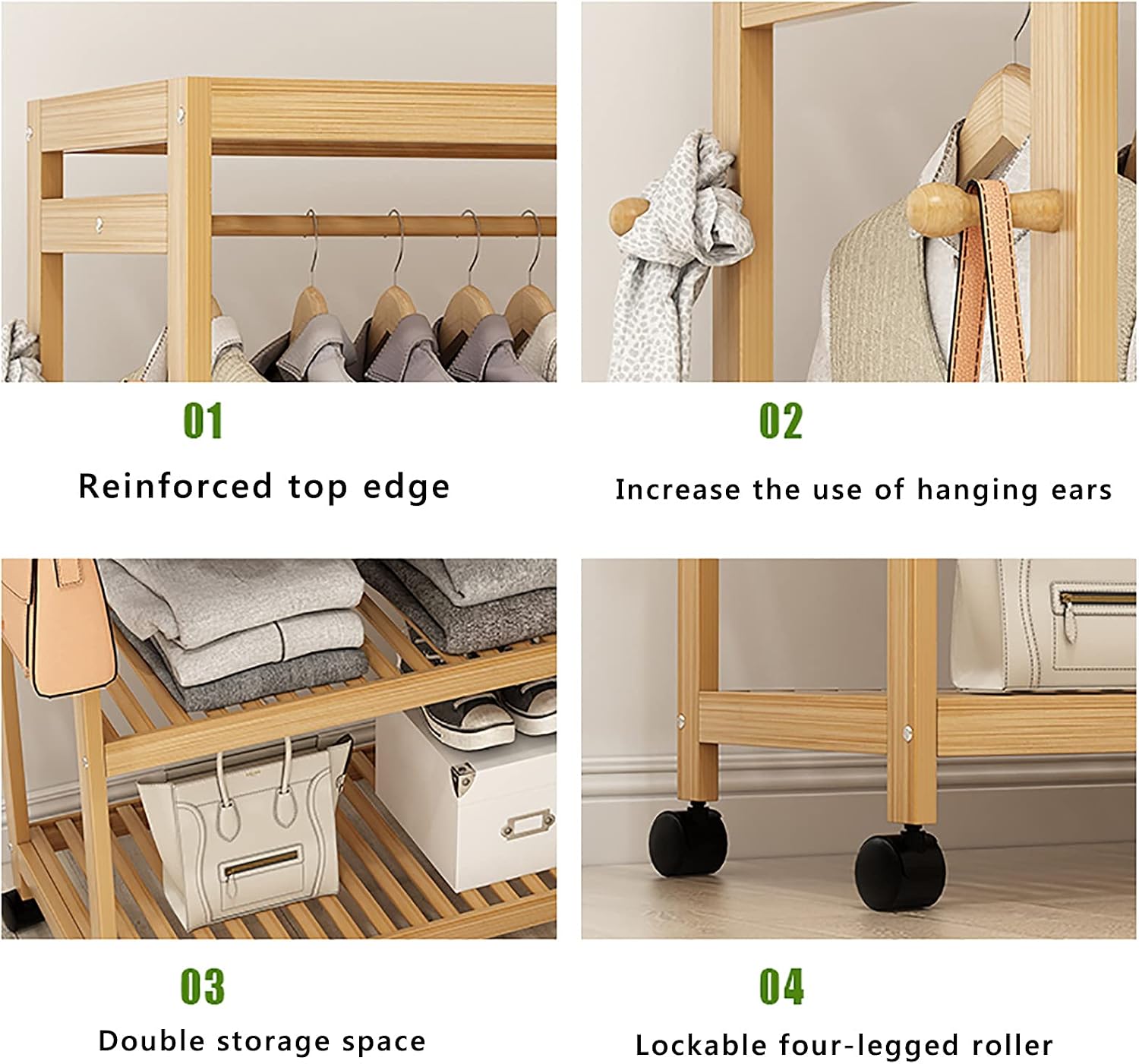 Bamboo Garment Coat Clothes Hanging Heavy Duty Rack with top Shelf and Shoe Clothing Storage Organizer Shelves,with Wheels, for Home Bedroom Entryway