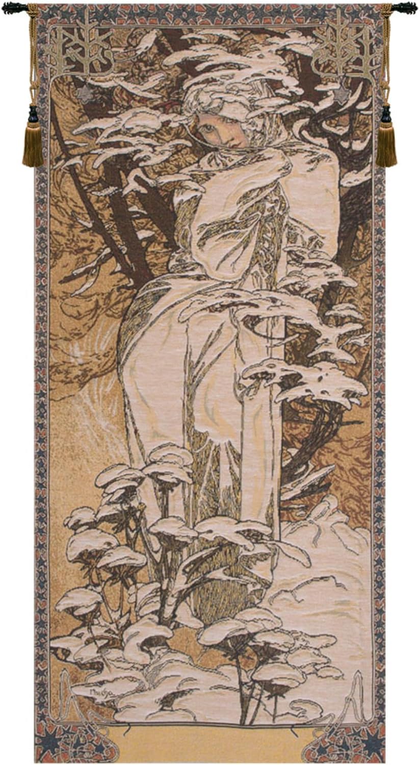 Charlotte Home Furnishings Inc - Mucha Winter Belgian Premium Tapestry Wall Hanging |58x27 in Viscose Polyester Blend Boho Vintage Woven Wall Tapestry for Home & Wall Art by Alphonse Mucha