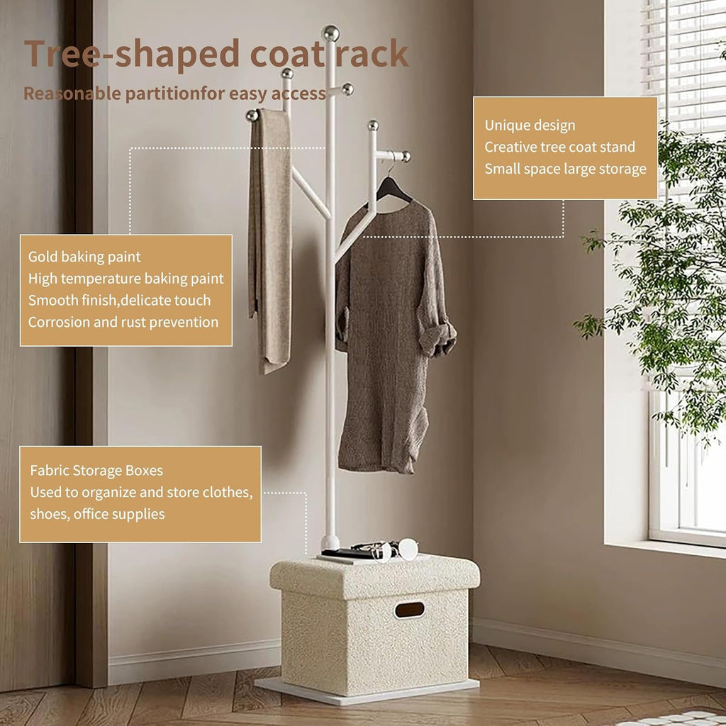 Ronsan Coat Rack Stand with Storage Box, Freestanding Metal Coat Tree with Natural Marble Base, 8-Hook Coat and Hat Rack for Entryway, Hallway, Bedroom and Office, White