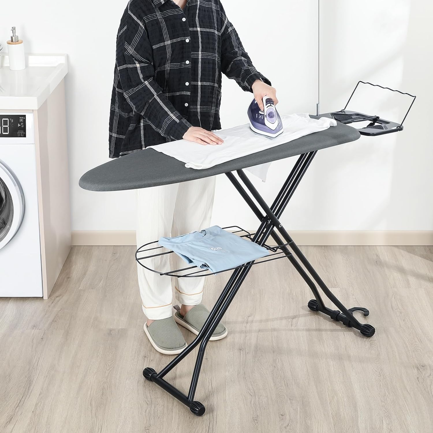 APEXCHASER Ironing Board, Compact Iron Board with Iron Rest and Hanger, Heat-Resistant Cover & 7 Adjustable Heights, Heavy Duty Ironing Board with Garment Rack, 13x43 Black