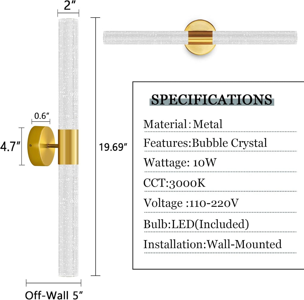 Gold Wall Sconces Set of 2 LED Modern Sconces Dining Room Wall Lighting 10W 3000K LED Wall Lights Crystal Hardwired Wall Light Fixtures for Living Room Bedroom Bathroom Hallway