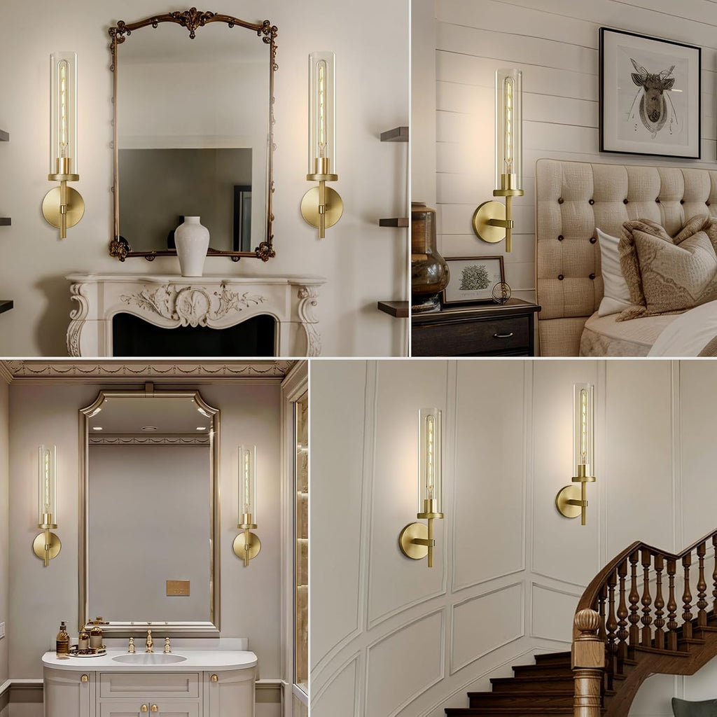 Gold Wall Sconces Set of Two, 19.48' Knurled Gold Wall Lighting with Glass Tube, Modern Brass Sconces Wall Lamp for Bedroom Living Room Bathroom Hallway Staircase & Vanity Mirror(Including Bulb)