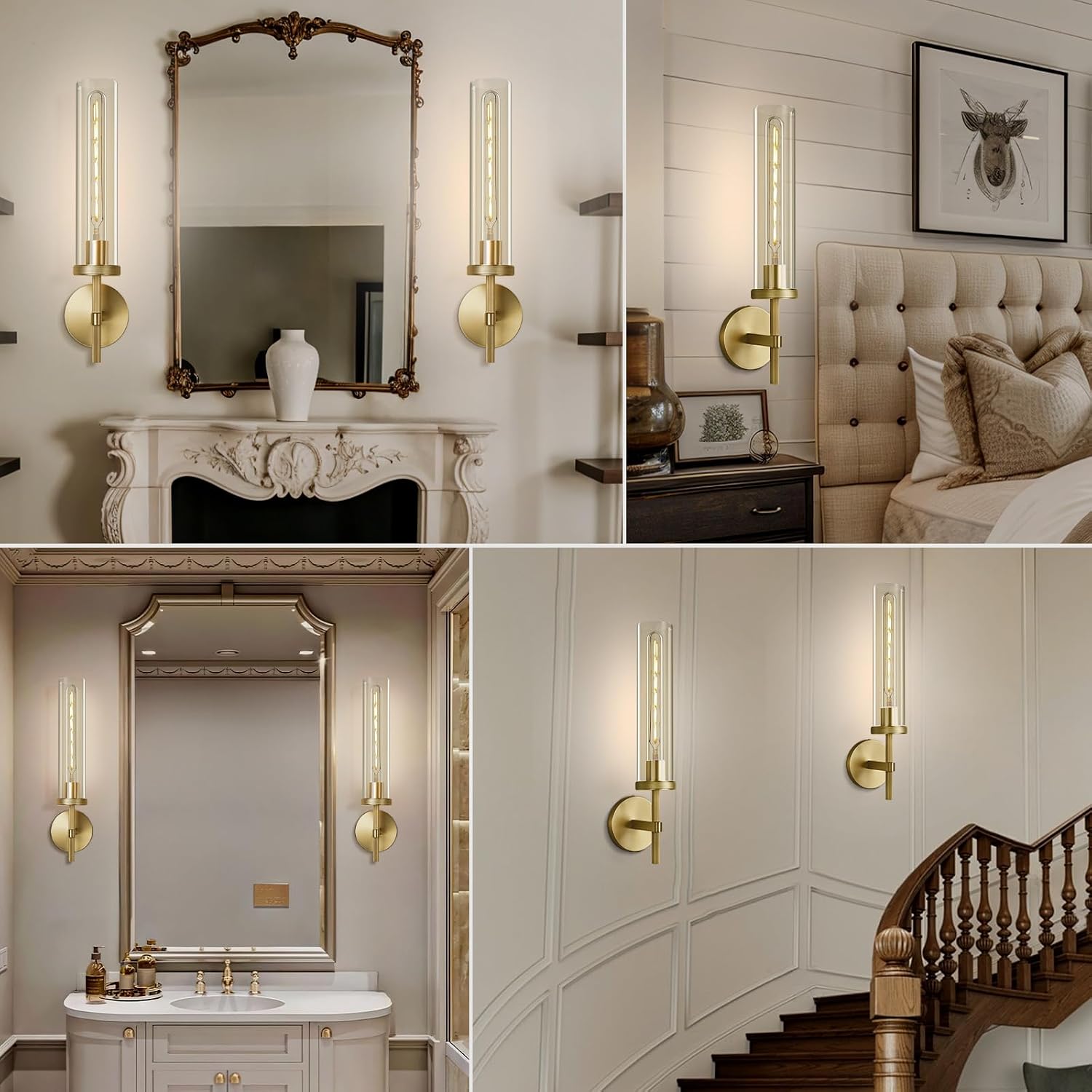 Gold Wall Sconces Set of Two, 19.48' Knurled Gold Wall Lighting with Glass Tube, Modern Brass Sconces Wall Lamp for Bedroom Living Room Bathroom Hallway Staircase & Vanity Mirror(Including Bulb)