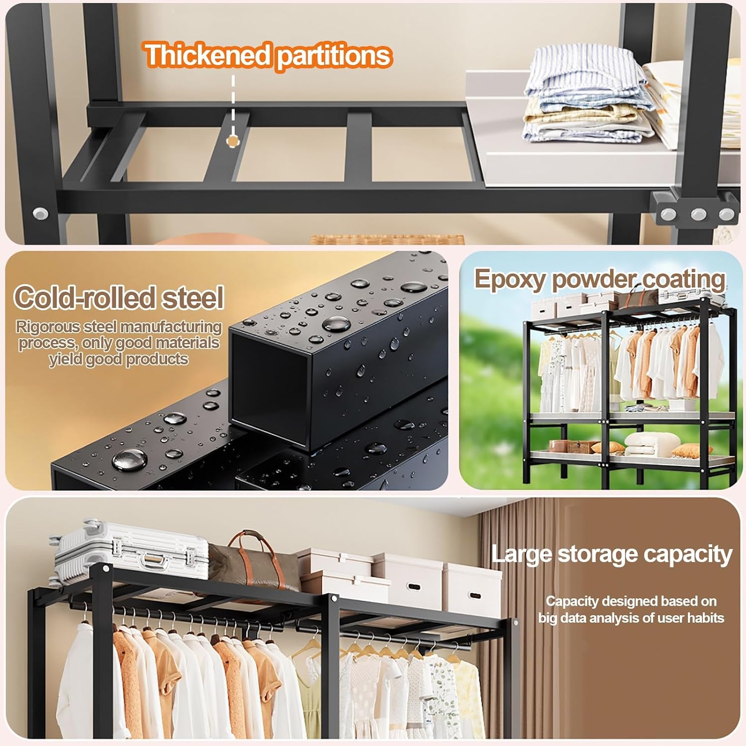 Portable Wardrobe Closet 1200LB, Foldable Clothe Rack With Cover, Garment Rack For Hanging Clothes, Clothing Coat Storage Rack, Covered With Independent Area, For Apartments(A,150cm/59.1inch)