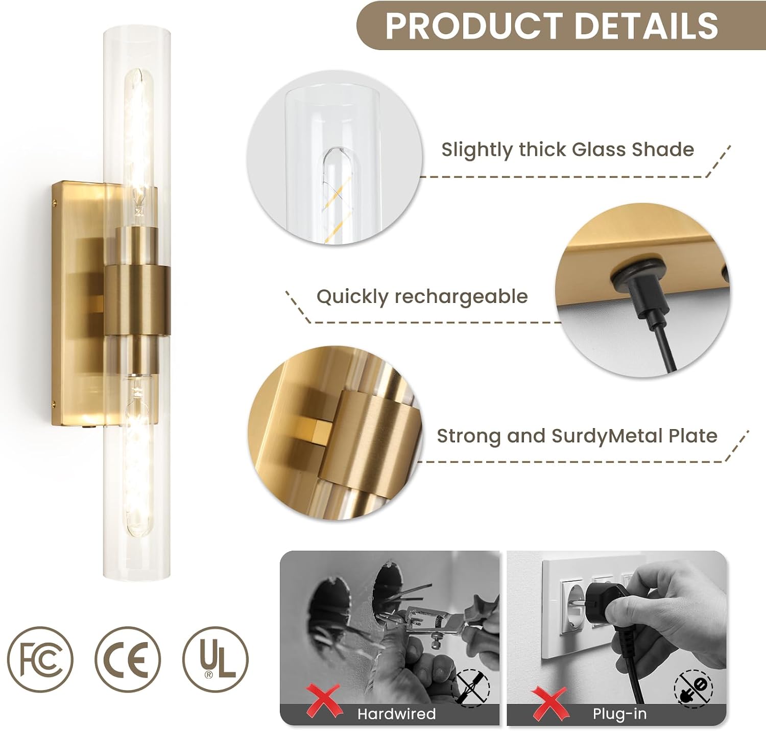 Battery Operated Wall Sconce Set of Two, Rechargeable Wall Sconce, Gold Wall Lamp with Remote Controls, Indoor Non-Hardwired Bedside Wall Sconces, Gold Vanity Light for Bedroom, Hallway, etc