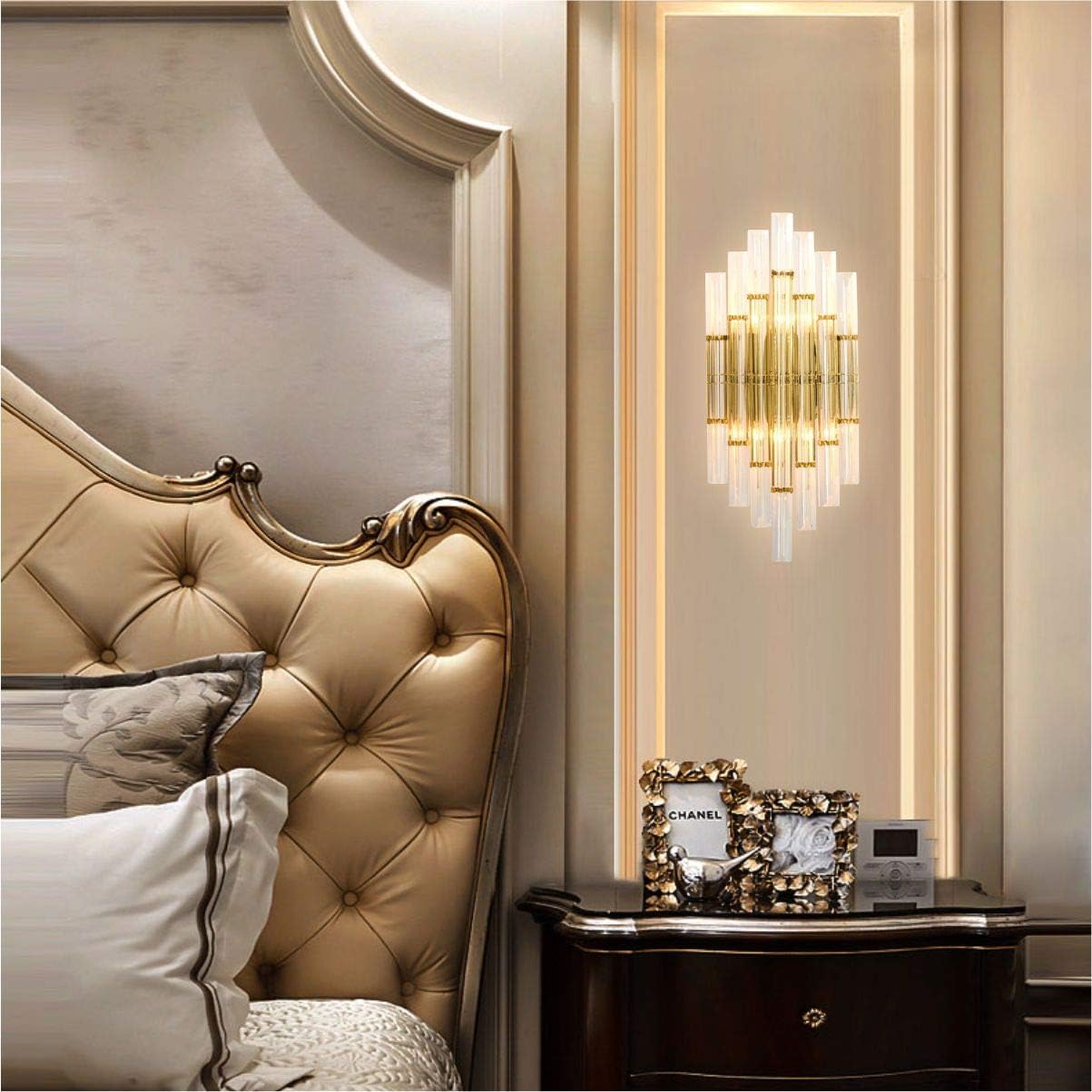 KCO Lighting Modern Crystal Wall Sconce Set of 2 Elegant Wall Mounted Light Fixture Gold Metal Wall Lamp with Clear Crystal for Bedroom Living Dining Room (Gold-2PC)