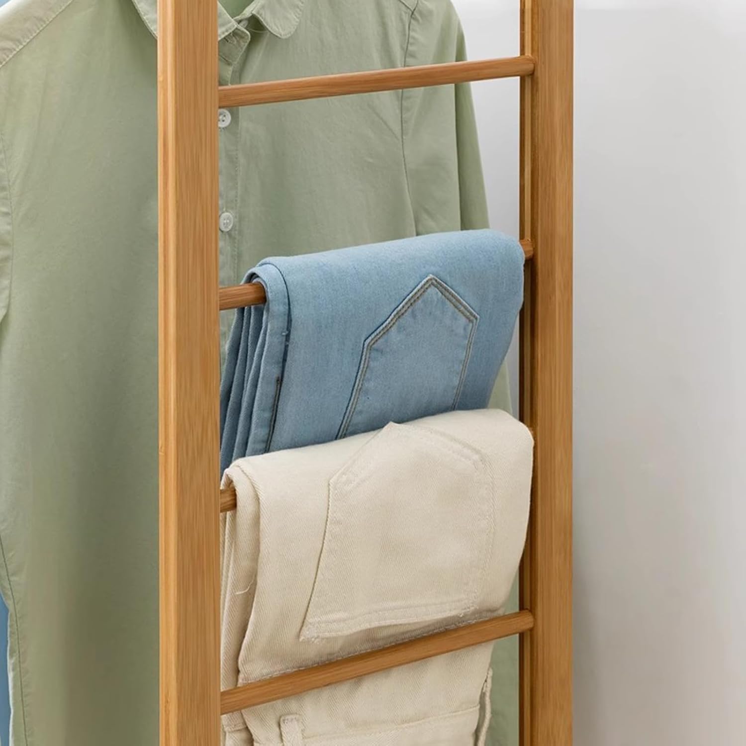 Garment Rack Bamboo Clothing Rack, Corner Coat Rack Stand Hall Trees For Entryway Bedroom And Living Room, Free Standing Clothes Hanging Rail With 2 Shelves, 3 Hooks And Pants Hange(Color:Wood color)