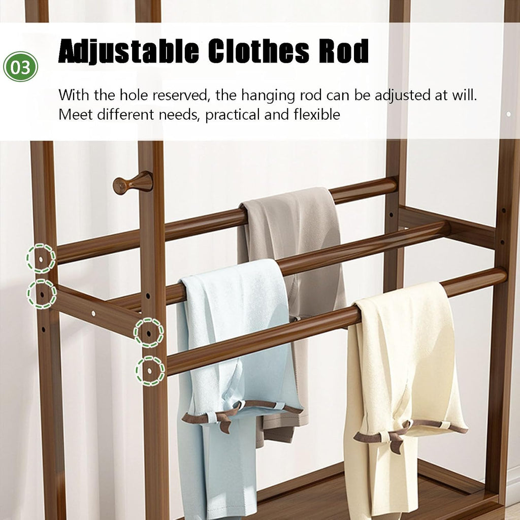 Bamboo Garment Rack, Clothes Hanging Rack with Side Hooks and 3 spacious drawers Portable Storage Organizer Garment Rack for Bedroom Living Room Office Mudroom