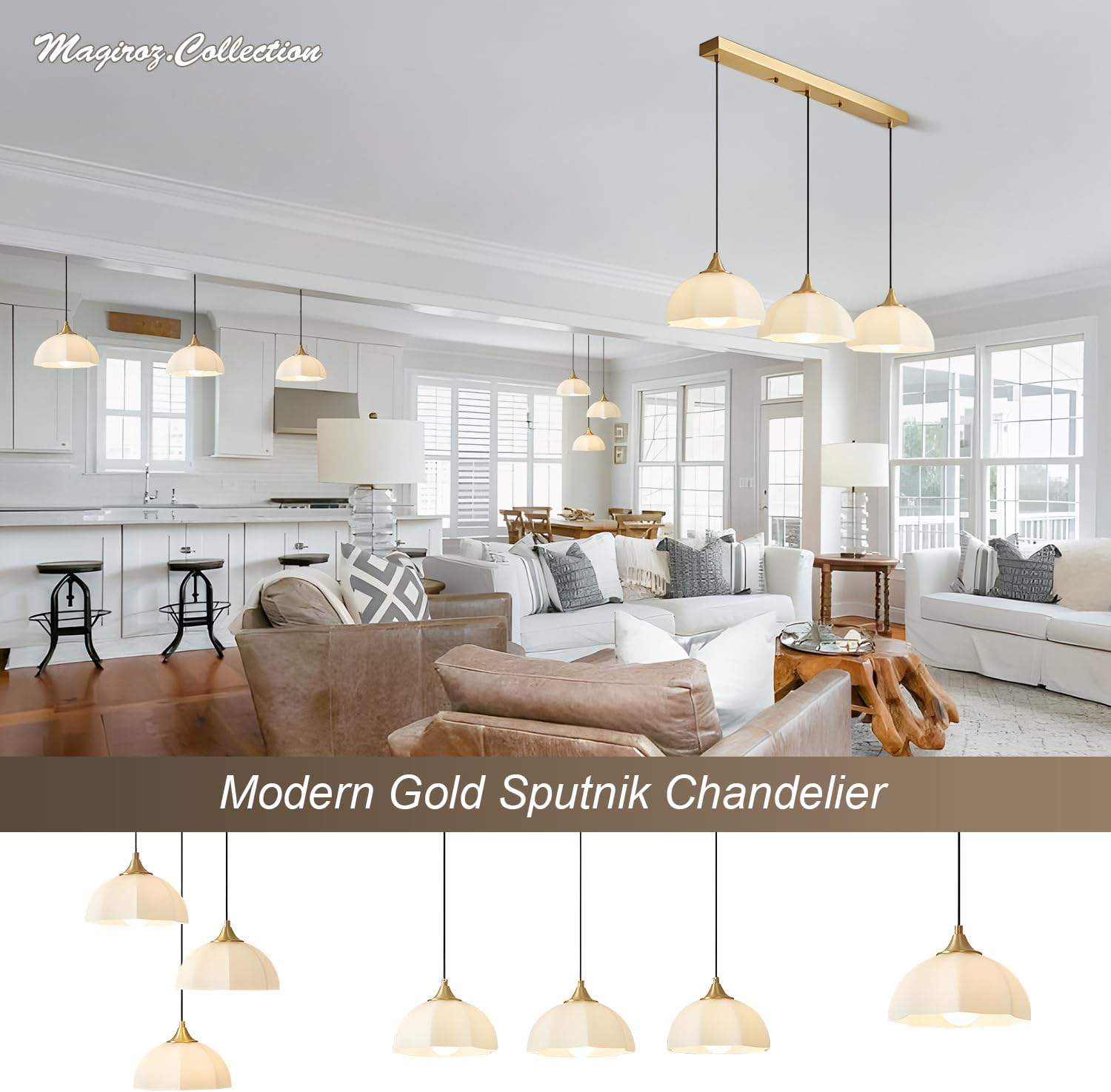 Milk Glass Pendant Light Kitchen Island 2 Pack Mid Century Brushed Gold Dome Ceiling Hanging Light Fixtures Retro Hanging Lamp Set of 2 MPL17-2 GD