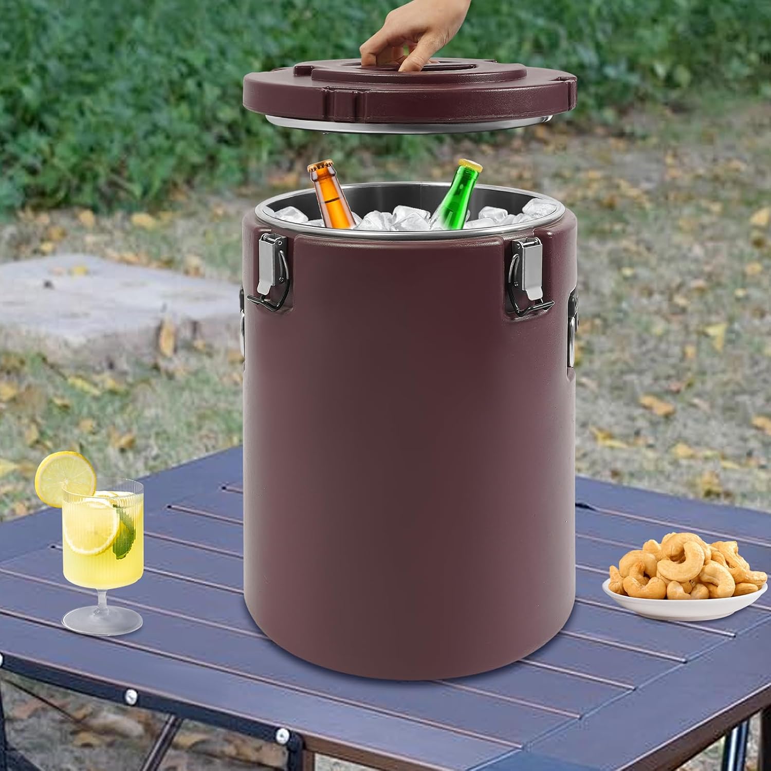9.25gal Insulated Beverage Dispenser, Stainless Steel Thermal Hot Cold Drink Beverage Dispenser, Portable Outdoors Water Cooler Jug for Hot Chocolate, Milk, Tea, Coffee (Brown)