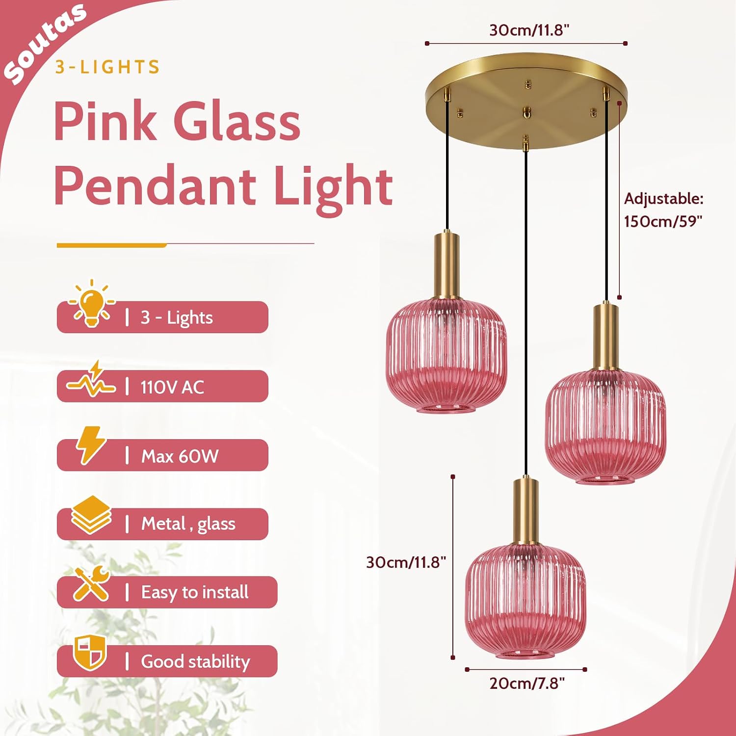 Girl Room Pink Glass Pendant Chandelier Mid Century Glod 3-Light Hanging Light Farmhouse E26 Base for Bedside Dining Table Foyer