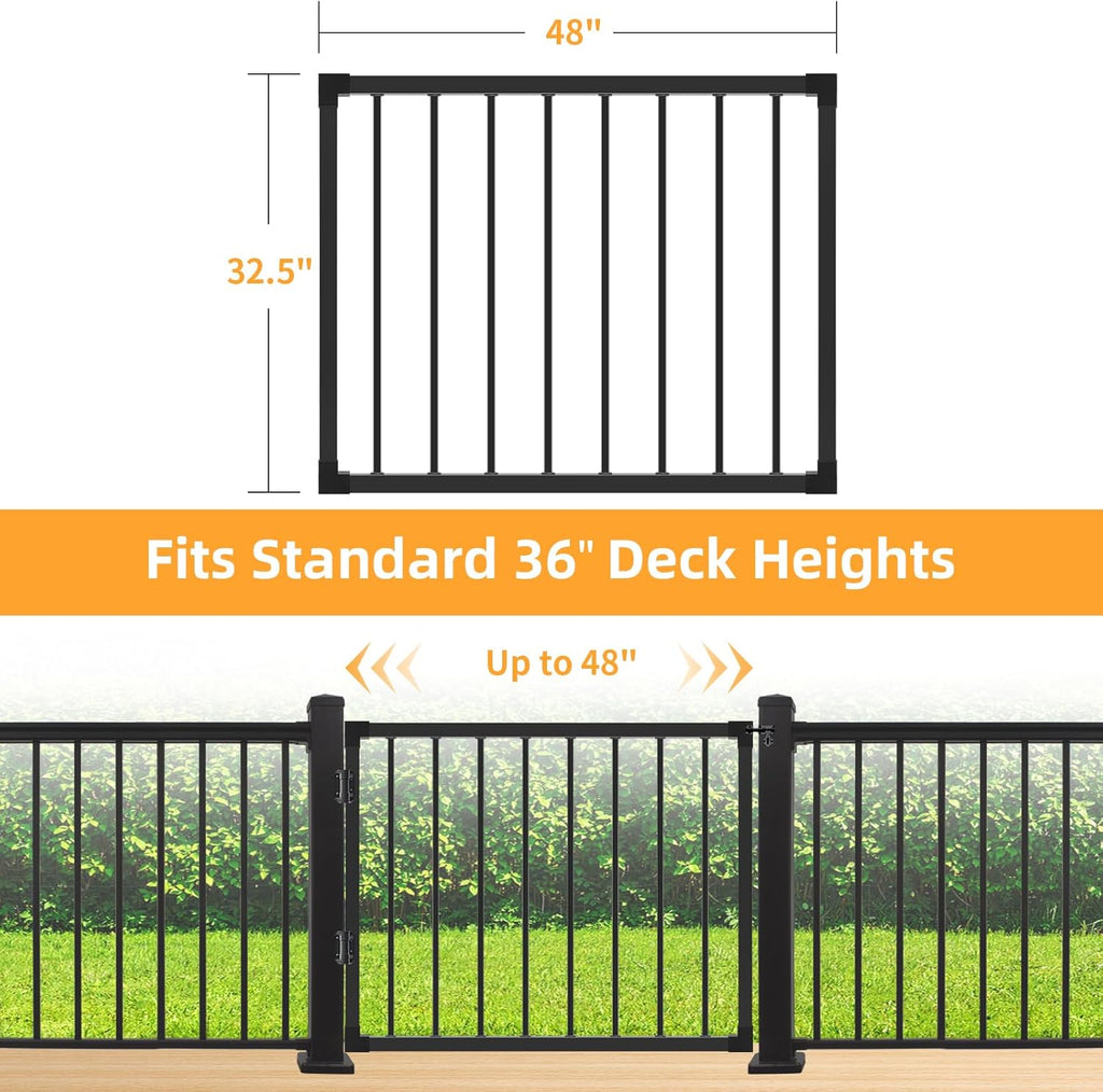 Deck Fence Gate Outdoor, 32''H Gate for 36''H Deck, Black Heavy Duty Steel Anti-Rust Door with Customizable Width (Up to 48'), Metal Gate for Residential, Yard, Patio(No Hinge)