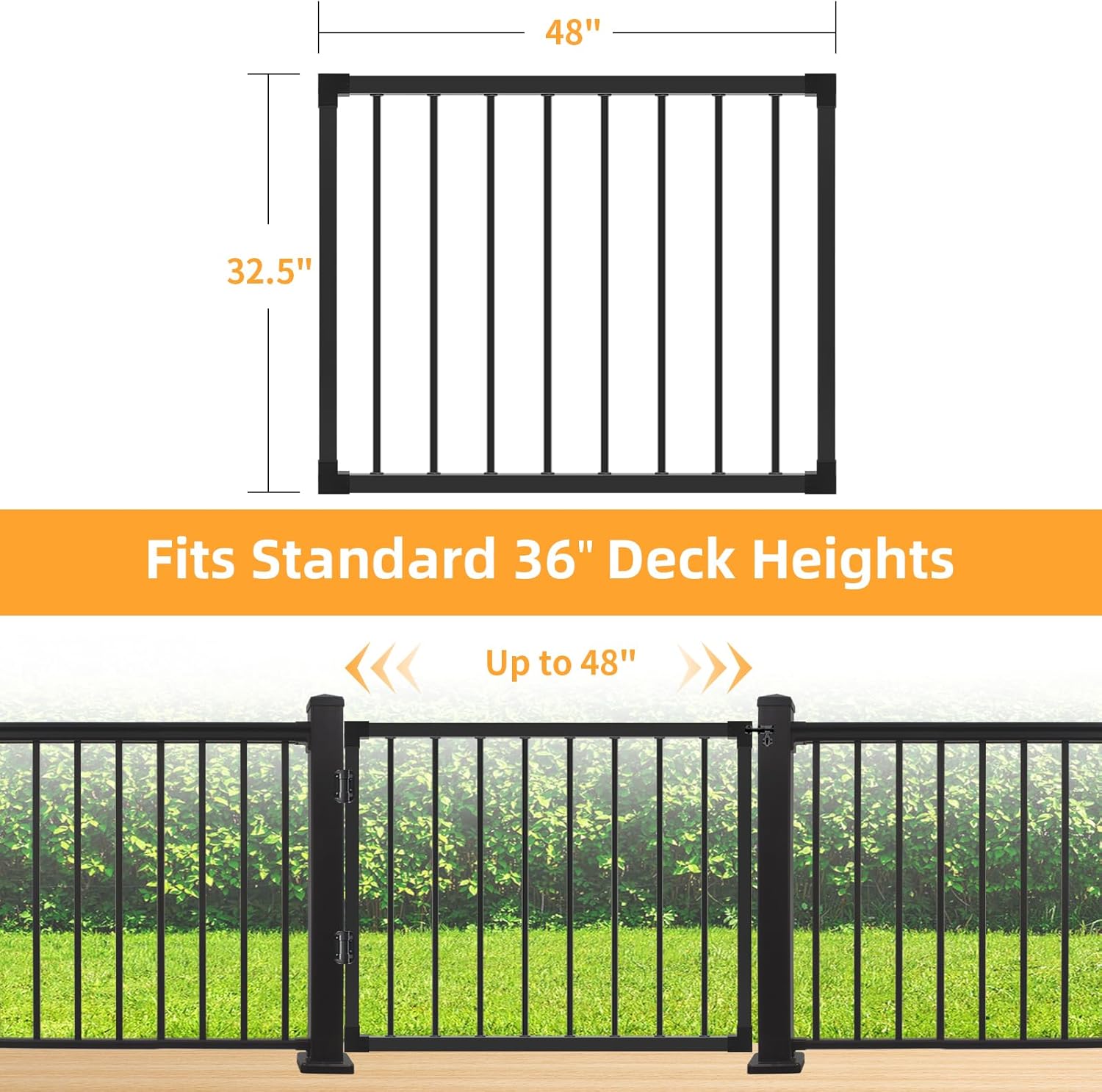 Deck Fence Gate Outdoor, 32''H Gate for 36''H Deck, Black Heavy Duty Steel Anti-Rust Door with Customizable Width (Up to 48'), Metal Gate for Residential, Yard, Patio(No Hinge)