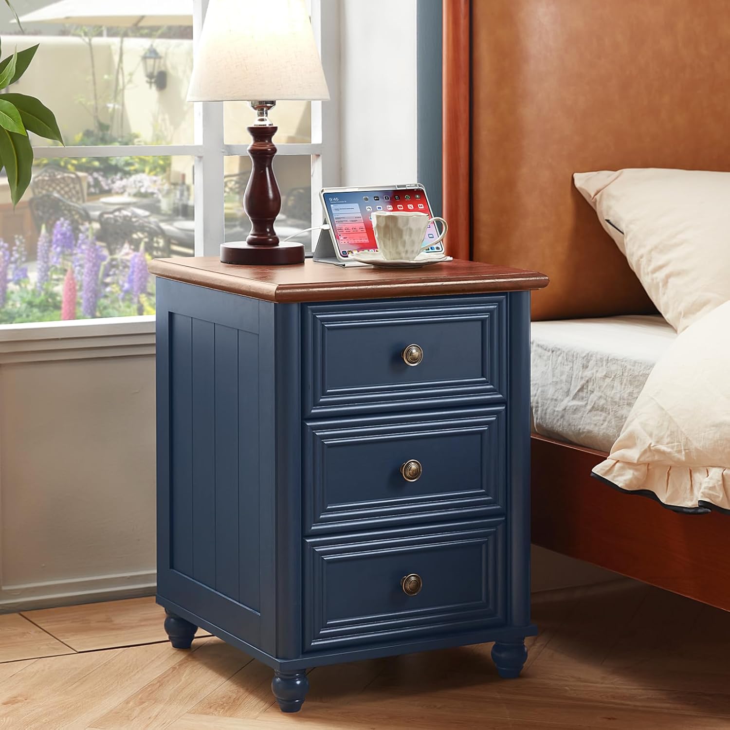 RWYHG 18' Farmhouse Nightstand with Charging Station and USB Port, Blue Night Stand with 3 Drawers, Wood Bedside End Table with Storage, Bed Side Tables for Bedroom Living Room and Closet