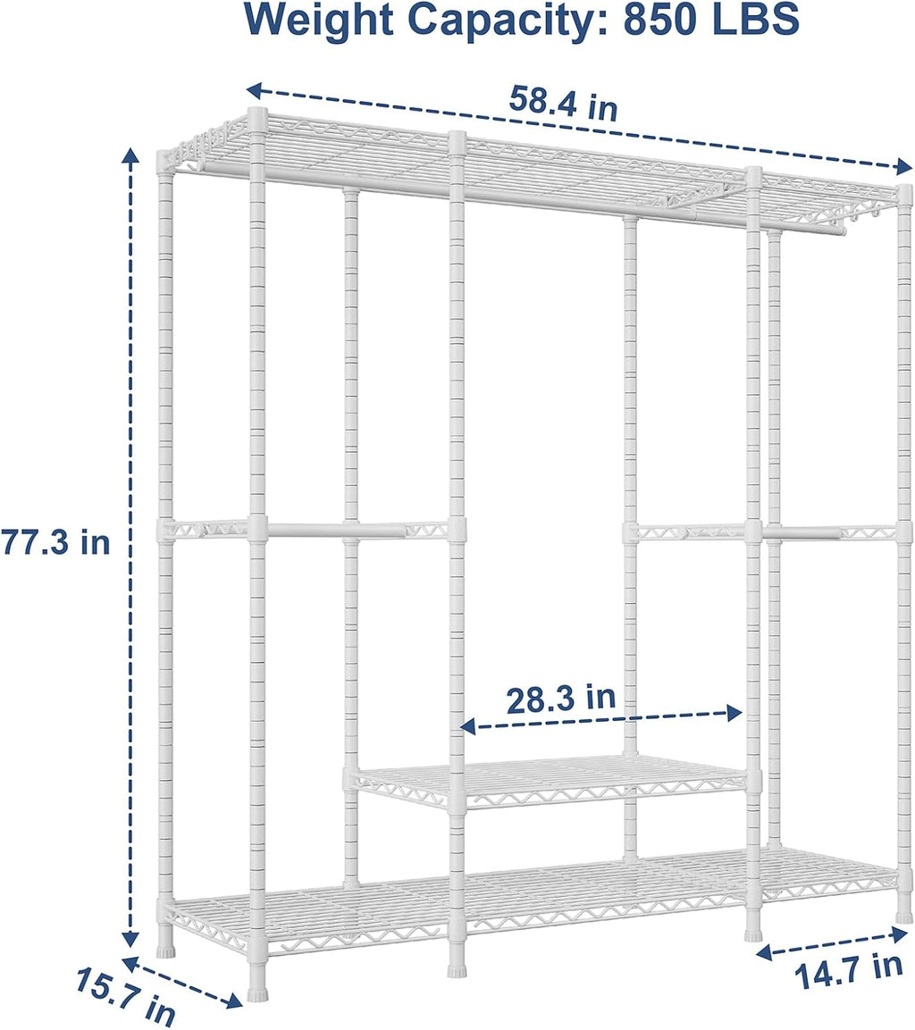 Ulif E3 Heavy Duty Garment Rack, 4 Tiers Freestanding Closet Organizer System with 5 Shelves, Metal Closet Organizer and Storage System for Clothes, Max Load 850lbs, 58.4'W x 15.7'D x 77.3'H, White