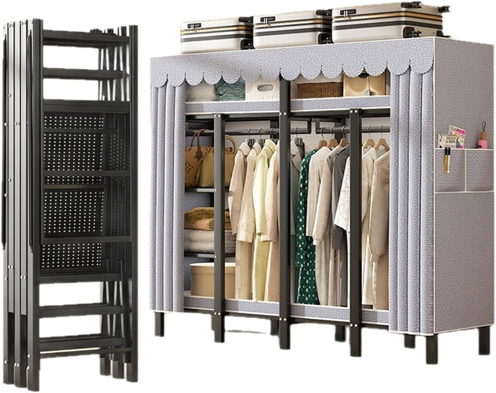 Portable Closet Rack Heavy-Duty Foldable Garment Racks With Cover, 1200lbs Enclosed Wardrobe With Independent Area & Hanging Rods, Freestanding Metal Clothes Rack For Bedding Storage(168cm)