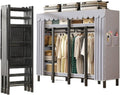 Portable Closet Rack Heavy-Duty Foldable Garment Racks With Cover, 1200lbs Enclosed Wardrobe With Independent Area & Hanging Rods, Freestanding Metal Clothes Rack For Bedding Storage(168cm)