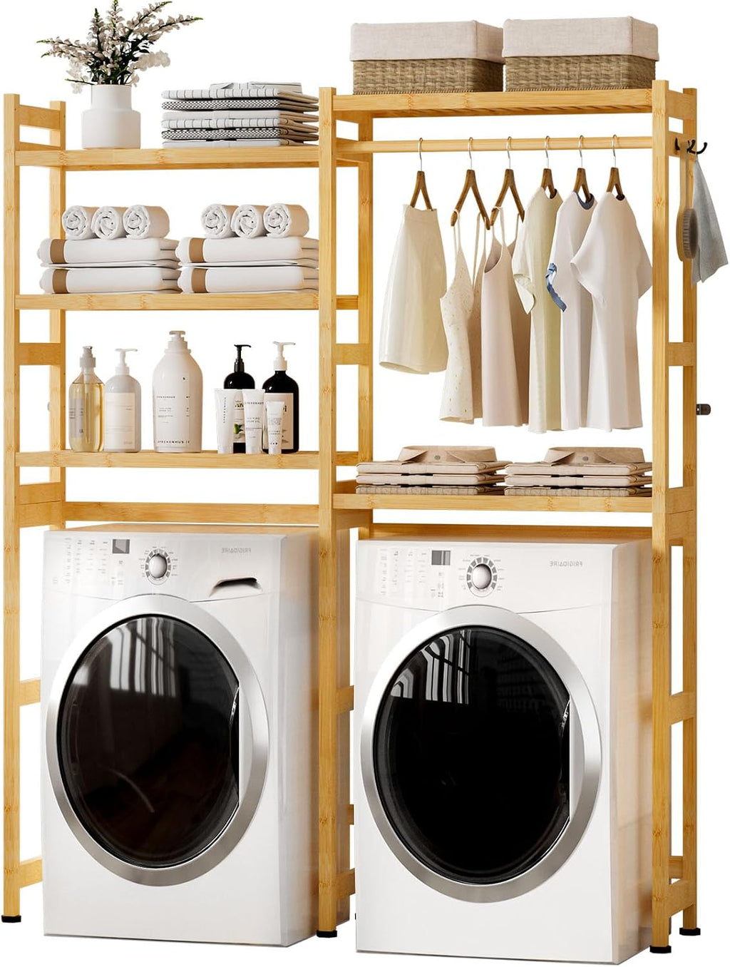 Cozivolife Over The Washer and Dryer Storage Shelf Bamboo,5 Tiers Laundry Room Drying Rack with Adjustable Shelves and 4 Hooks,Space Saver Organizer for Hanging Clothes and Towels (Natural)