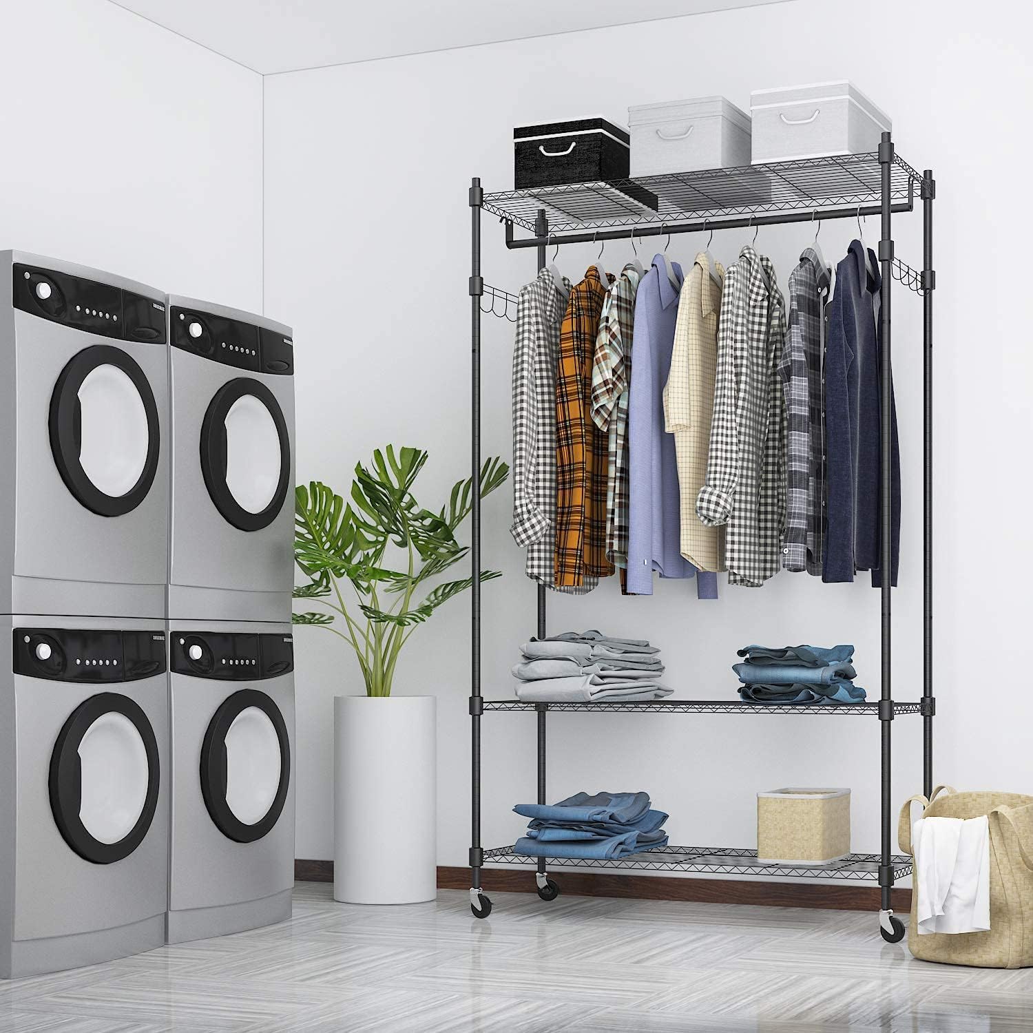 BATHWA Heavy Duty Clothing Racks,47.3'W x 17.7'D x 74.8'H Wide Hanging Space 3 Adjustable Shelving Garment Rack on Wheels Portable Wardrobe for Dress Coat Clothes Organizer Sturdy Metal Construction