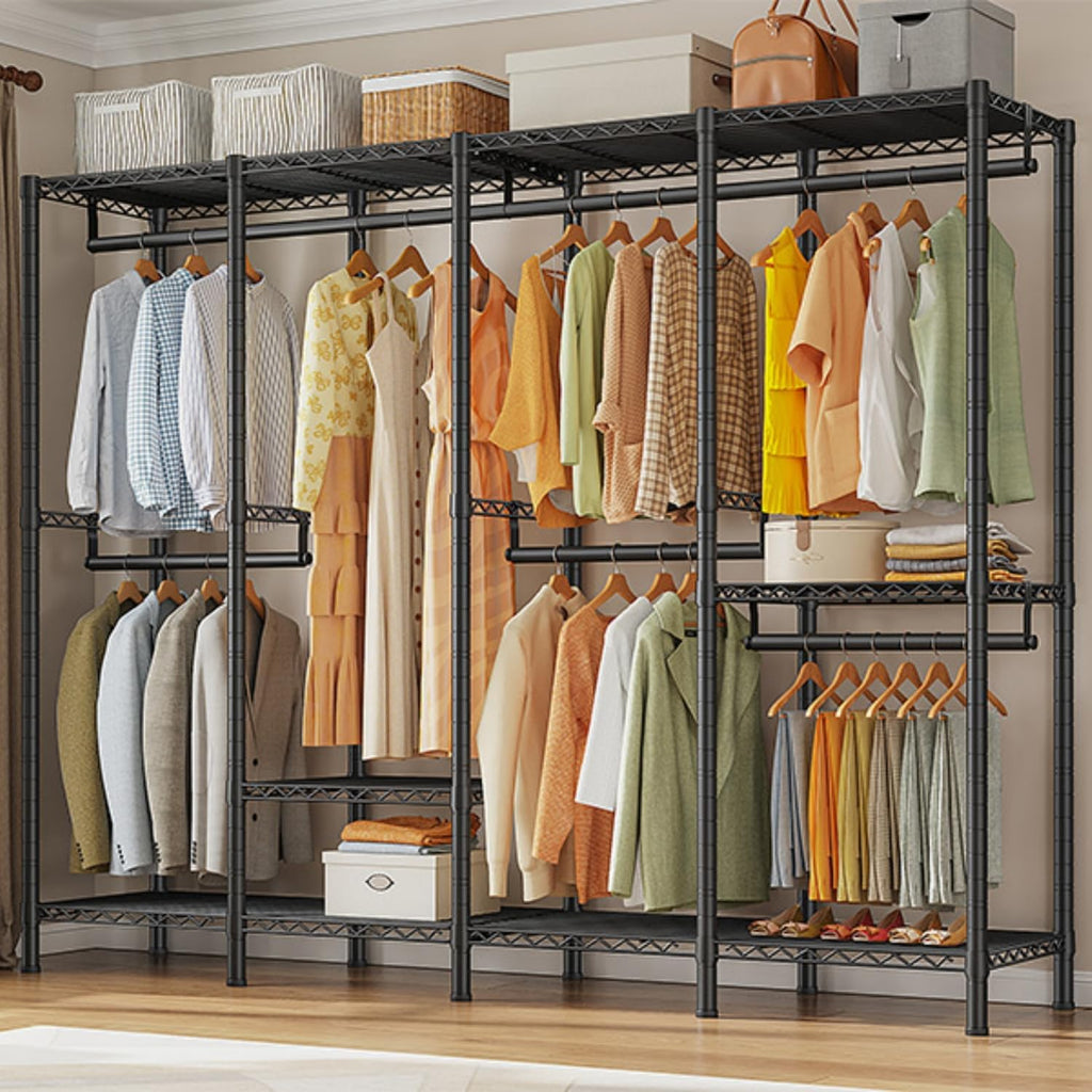 Raybee Clothes Rack for Hanging Clothes,Clothing Rack with Shelves,Portable Closet,Adjustable,76' W x 77' H x 18' D,Max Load 1150lbs,Black