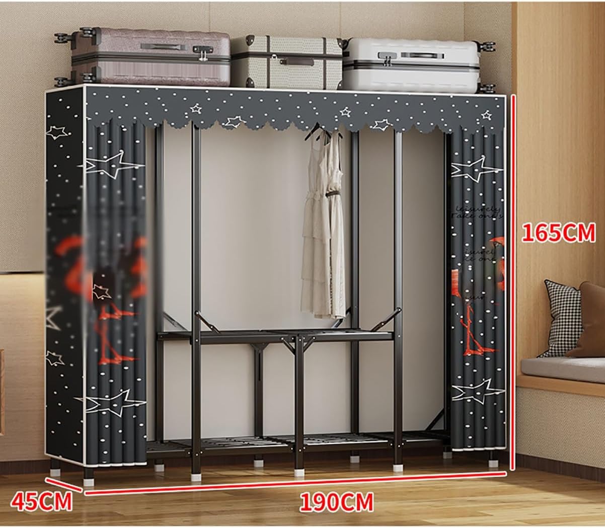 Portable Wardrobe Closet with Cover Metal Garment Rack for Hanging Clothes with 3 Hanging Rods and 4 Storage Shelves for Bedroom (Color : D, Size : 190X45X165CM)