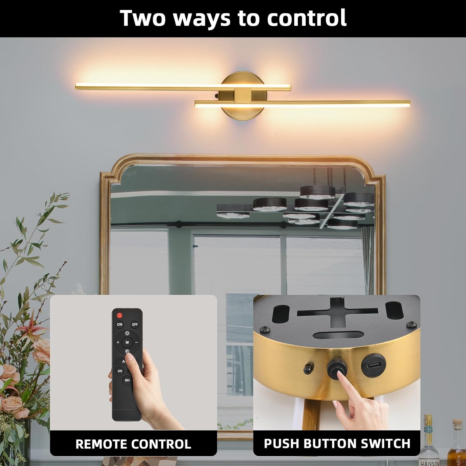 Battery Operated Wall Sconce Set of 2,Gold 31.4' 3000K-6500K LED Dimmable Wall Sconces with Remote Control,Wireless Wall Light USB Rechargeable for Bedroom Hallway Living Room Background Wall Lighting