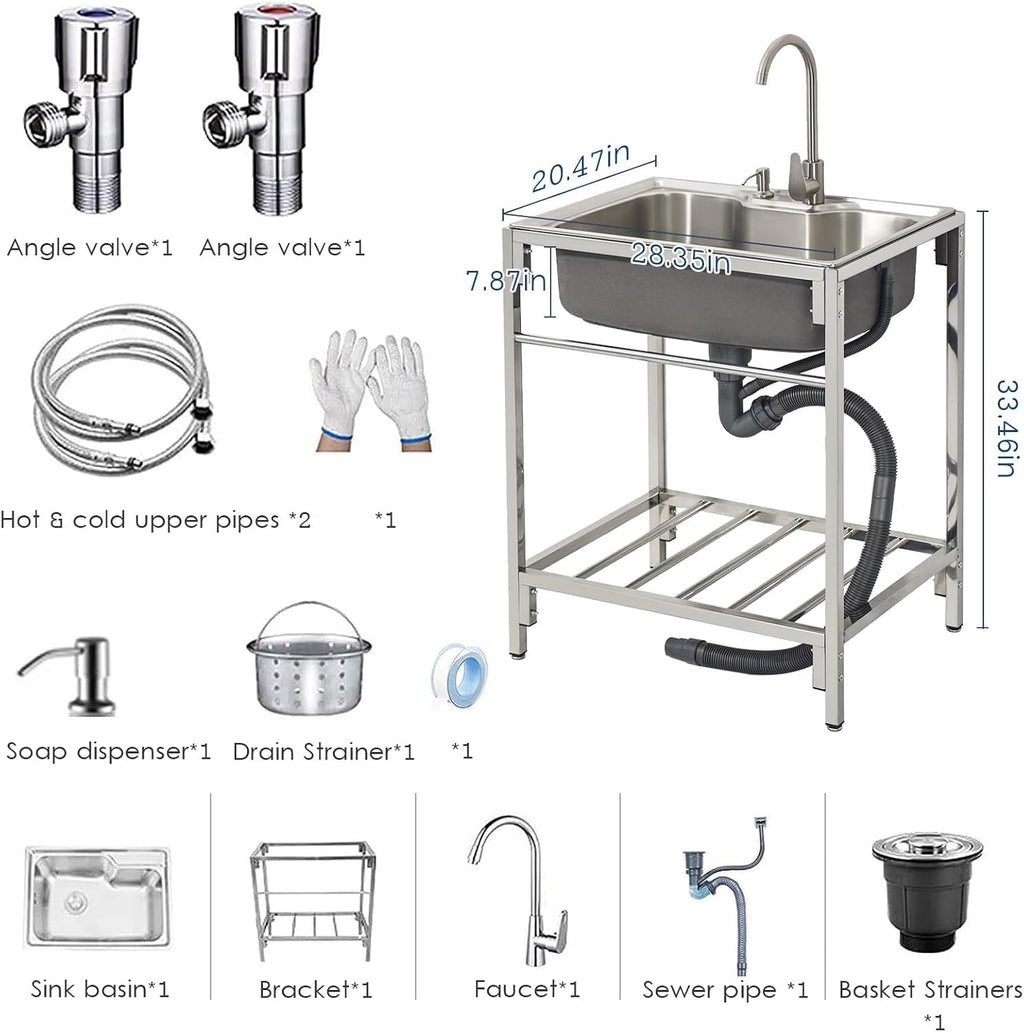 Free Standing Outdoor Utility Sinks 304 Stainless Steel Single Bowl Basin with Cold Hot Water Pipes Tap for Commercial Kitchen Bathroom Restaurant Farmhouse Laundry Catering Sink,72Cm