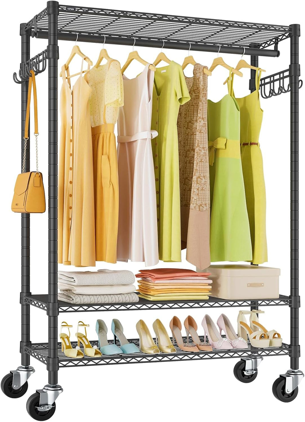 VIPEK R3 Plus Rolling Clothes Rack with Locking Wheels, Portable Closet for Hanging Clothes Heavy Duty Garment Rack with Adjustable Shelves and Side Hooks, Metal Wardrobe for Home Storage, Black