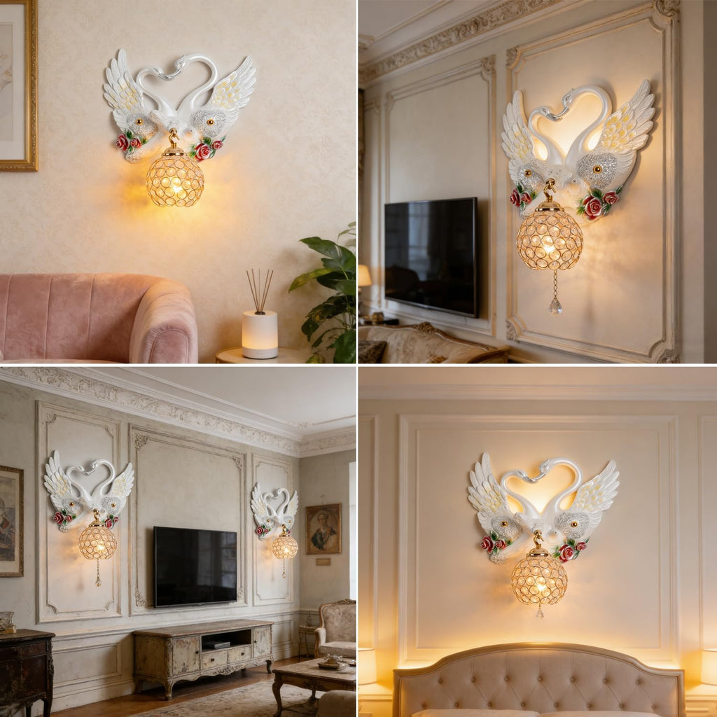 Large White Wall Sconces Crystal Glass Wall Mount Light Luxury Resin Floral Art Deco E26 Modern Wall Light Fixtures for Bedroom, Living Room, Nursery, Hallway