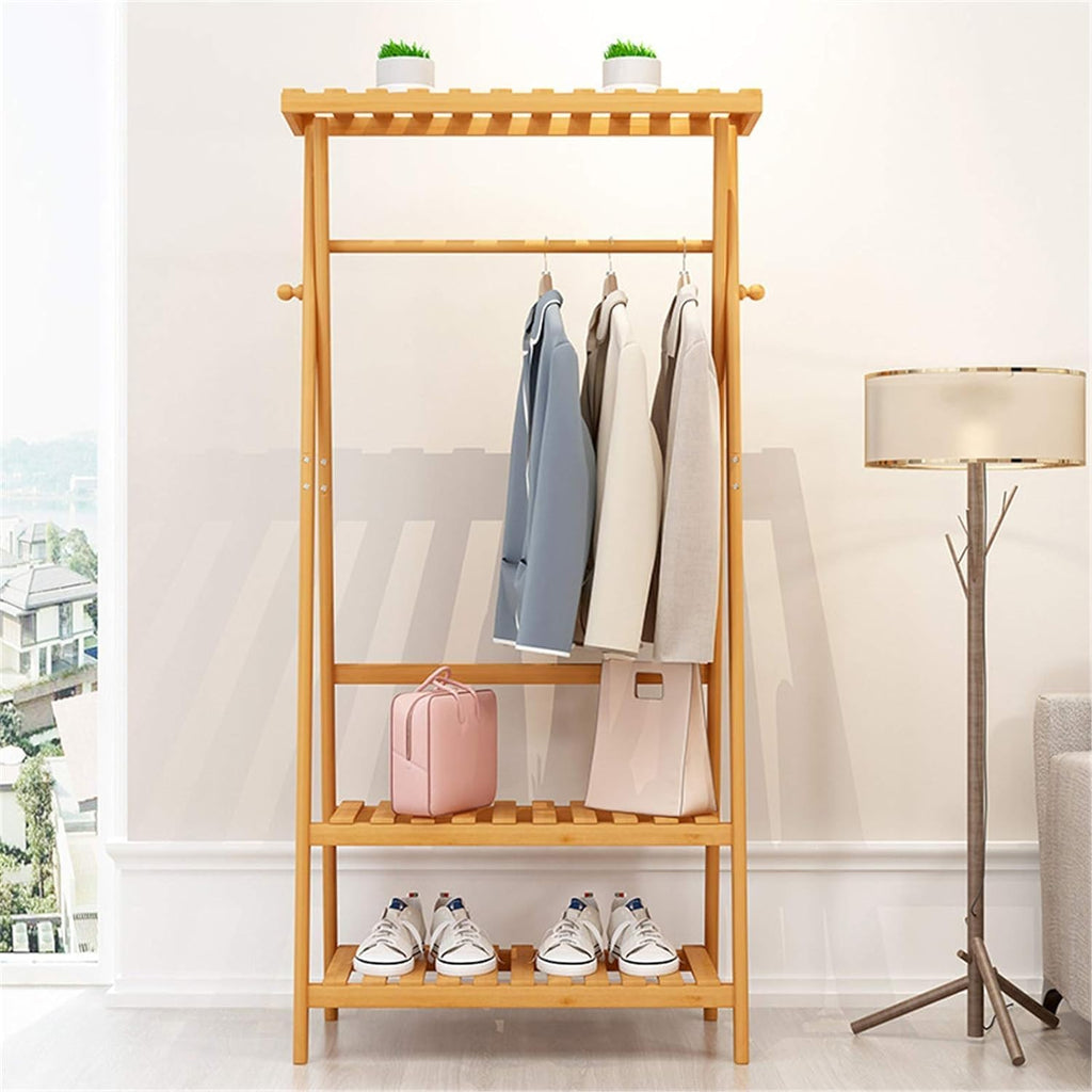 3 in 1 Bamboo Coat Rack Garment Rack,Stand Clothes Hanging with Shelves Storage Organiser Shoe Storage Shelves Garment Rack (Color : Wood color, Size : 80 * 43 * 160cm)