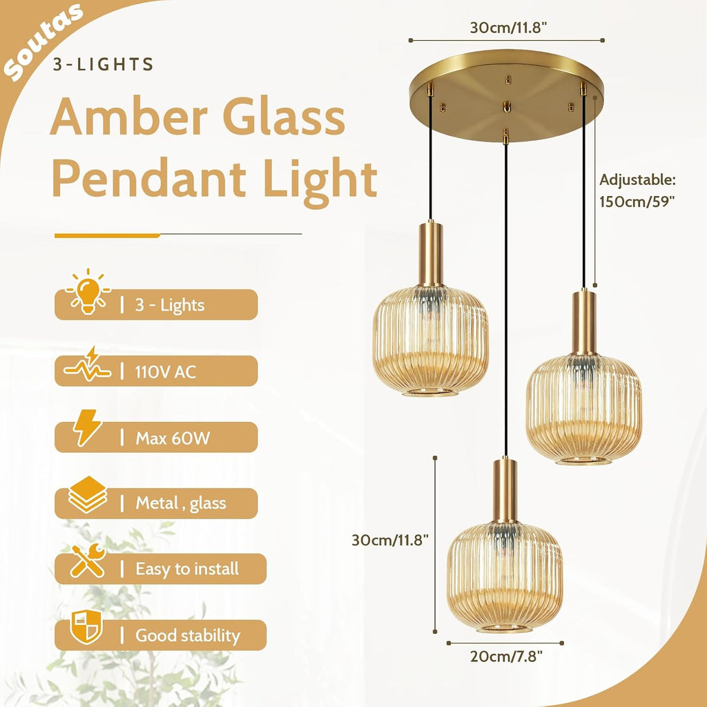 3-Light Gold Cluster Light Fixtures Modern Amber Glass Ceiling Chandelier Lights Brushed Brass Kitchen Island Pendant Light for Corridor Dining Room Entryway Stair