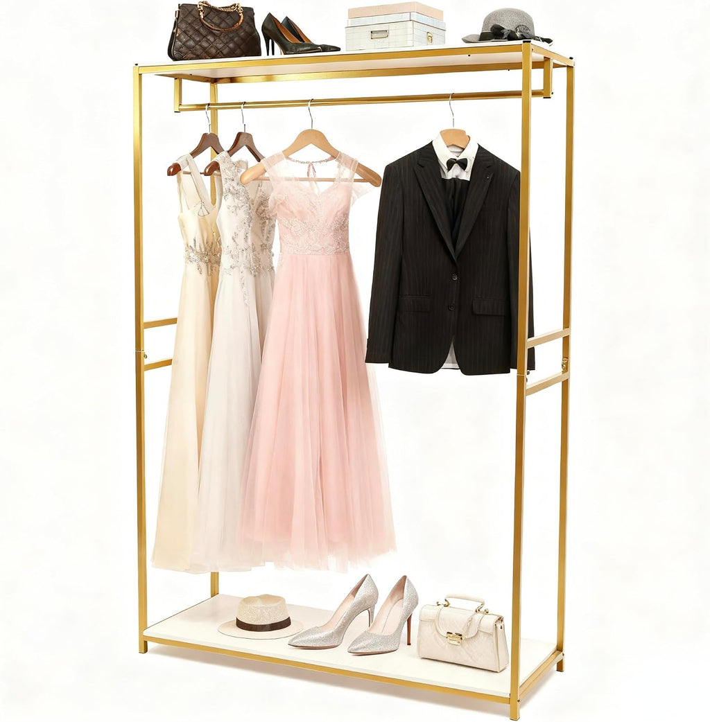 75' Tall Gold Clothing Garment Rack Boutique Retail Display Stand | W/ 2 Wood Shelf Clothes Wedding Dressr Racks for Hanging Long Dresses, Closet Wardrobe Shoes Bags Hats Clothes Organizer