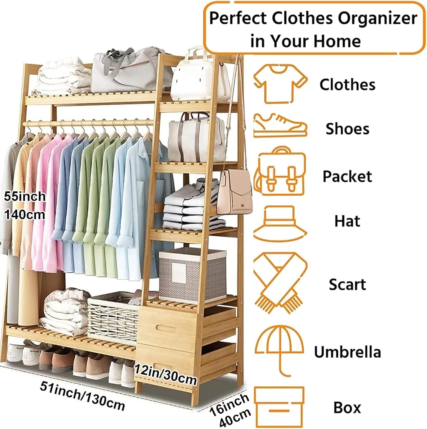Bamboo Clothes Rack - Garment Coat Rack with 2 Drawers, Free Standing Closet Organizer for Bedroom, Living Room, Hall, Storage Shelf for Hanging Clothes, Jackets
