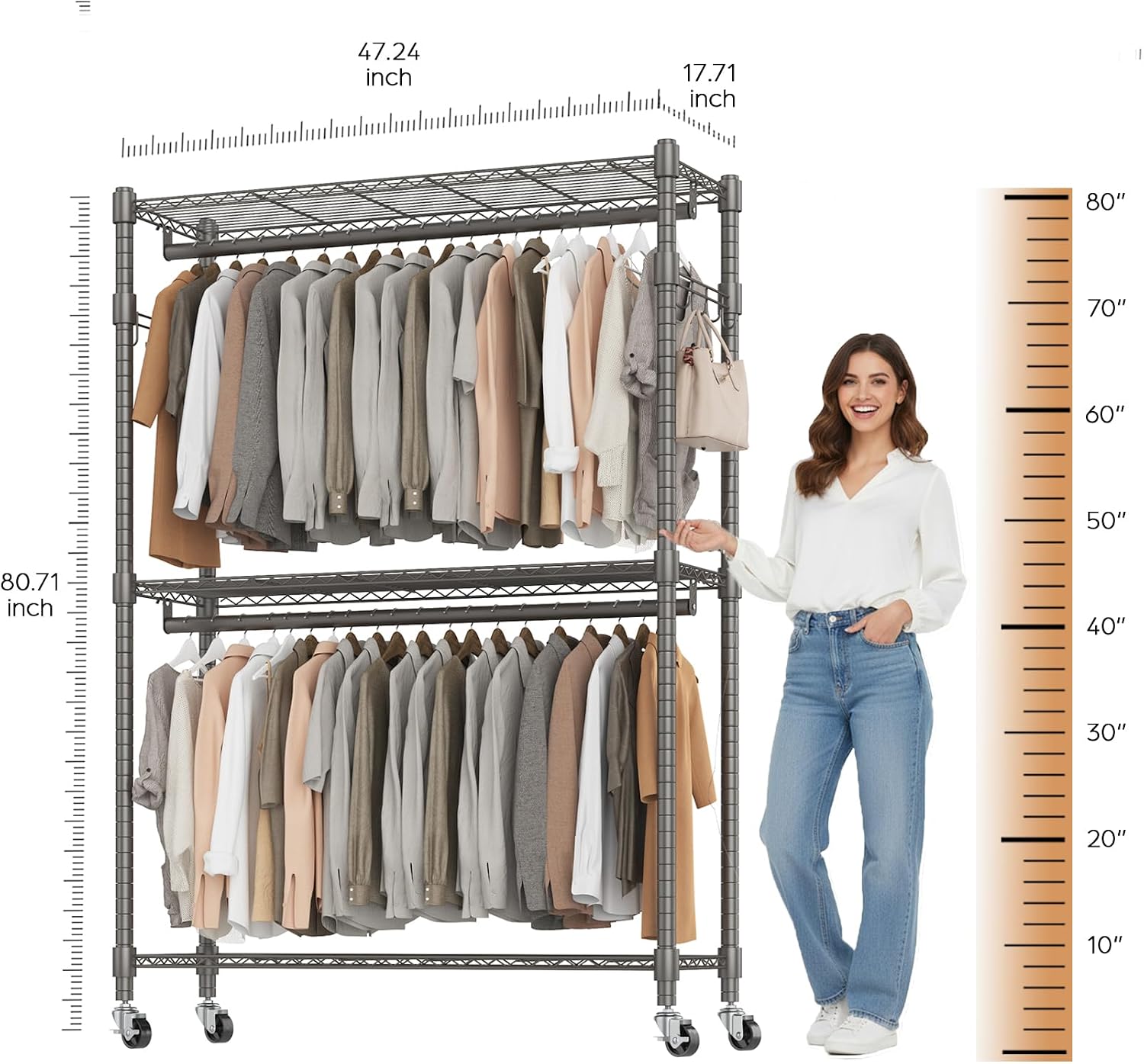 BATHWA Clothes Racks for Hanging Clothes, 25 mm tube Heavy Duty 47.3'W x 17.7'D x 80.7'H Large Wardrobe Rack with Shelves & Wheels Rolling Multifuctional for Bedroom Laundry Walk-in Closet Organizer
