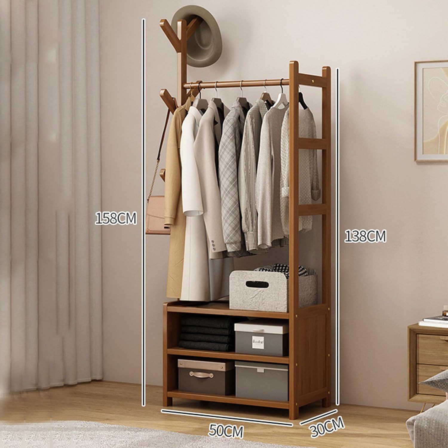 Bamboo Garment Clothes Rack, Free Standing Clothes Rail Stand with Hanging Rod, Open Storage Shelves, Hanging Rail Coat Stand, for Entryway Bedroom Bathroom Office