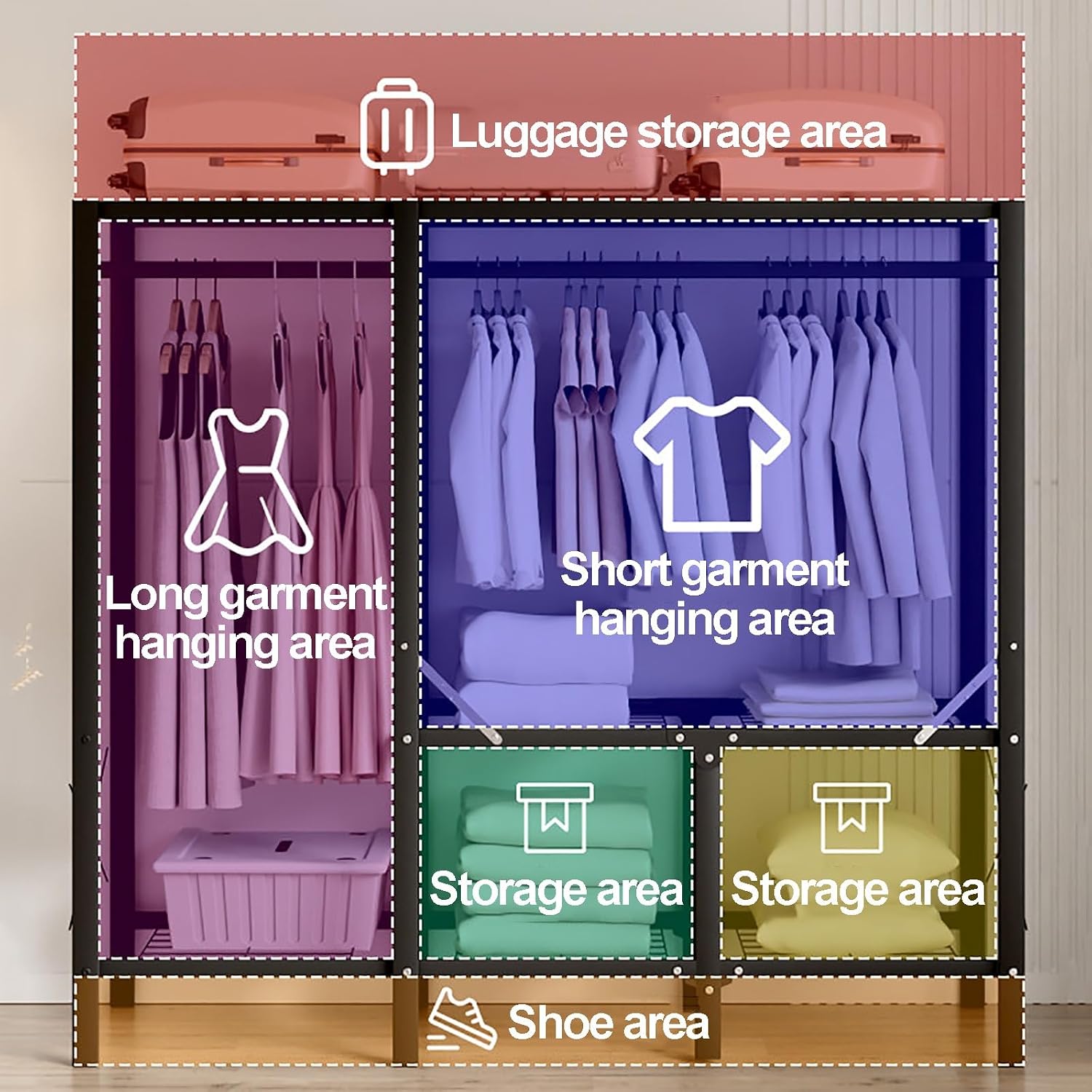 Foldable Closet Wardrobe, Heavy Duty Clothes Rack With Cover, Garment Racks For Hanging Clothes, Metal Closet Organizer, Armoire Storage For Bedroom(B,150cm/59.1in)