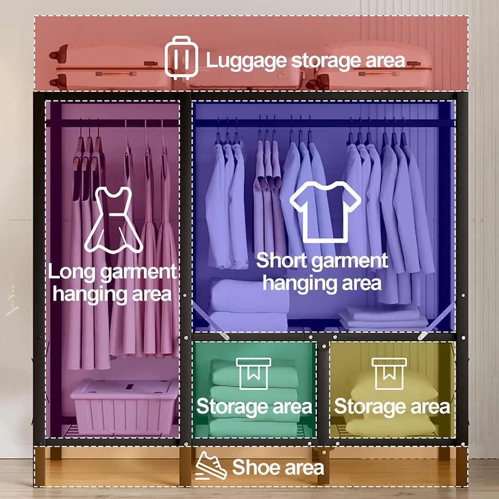 Heavy Duty Wardrobe Closet with Cover, Foldable Garment Rack for Hanging Clothes, Freestanding Covered Clothing Coat Storage Organizer, Clothes Rack with Curtain(C,120cm/47.2in)