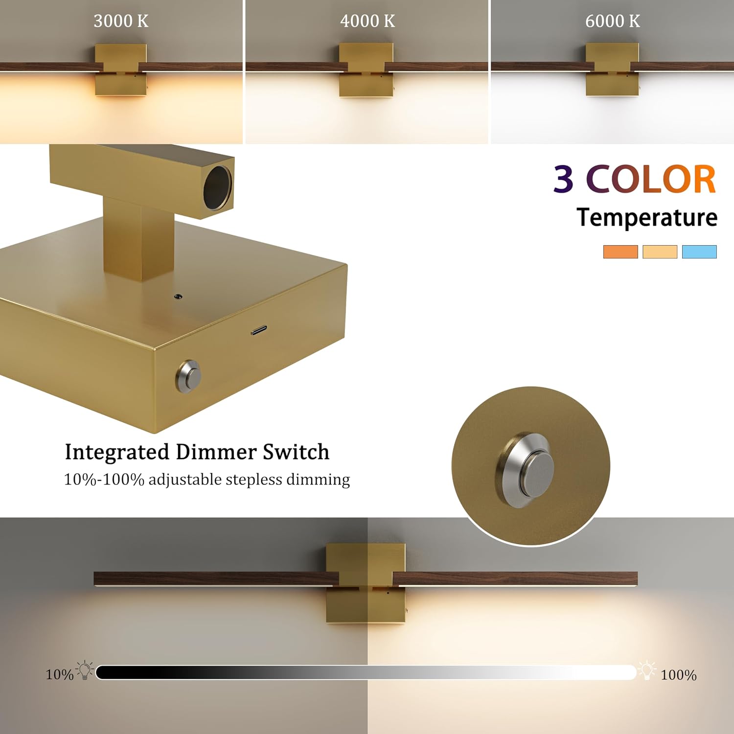 Rayogale Gold Walnut Rechargeable Wall Sconce with Remote Control 36 Inch | 3000/4500/6000K Dimmable 8000mAh Wireless Battery Operated Wall Sconces Set of Two with Timer for Living Room, Bedroom, TV