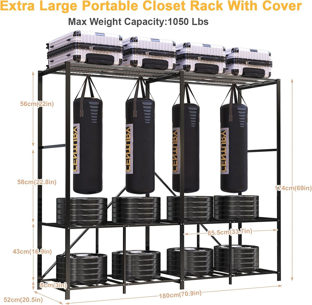 Foldable Heavy Duty Portable Closet with Cover, Freestanding Storage Garment Rack for Bedroom, Clothes Rack for Hanging Clothes Armoire Wardrobe Closet System, 70.9x70.9x20.5 Inch,Black Grey